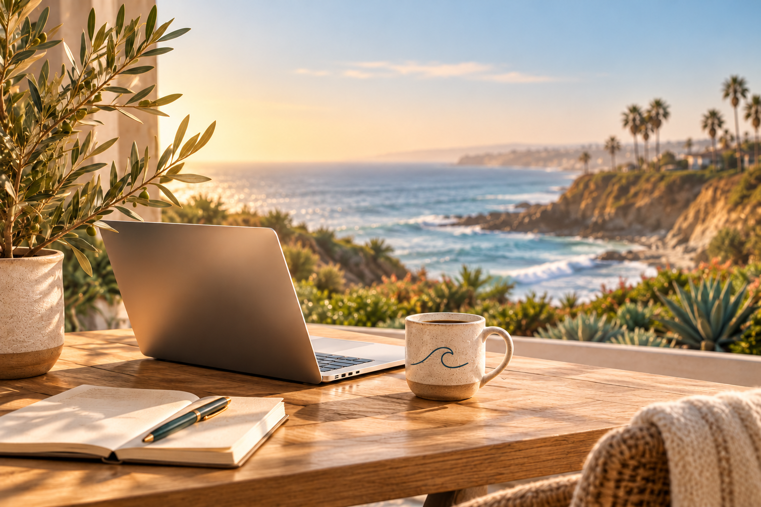 Coastal workspace with wave-branded coffee mug